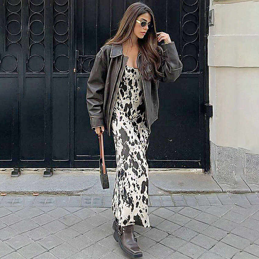 French Style Sexy Spaghetti Strap Printed Autumn Winter New High Waist A-Line Dress For Women B3