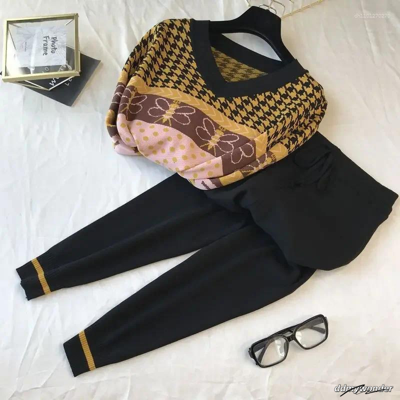 Women's Tracksuits Sweater Two Piece Sets Ankle-Length Pants Tracksuit Knit Outfits Women Vintage Print Long Sleeve V-Neck Patchwork