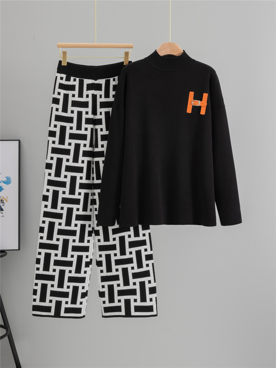 Women's Half High Neck Knit Sweater Set - Casual Wide Leg Pants Two-Piece Outfit