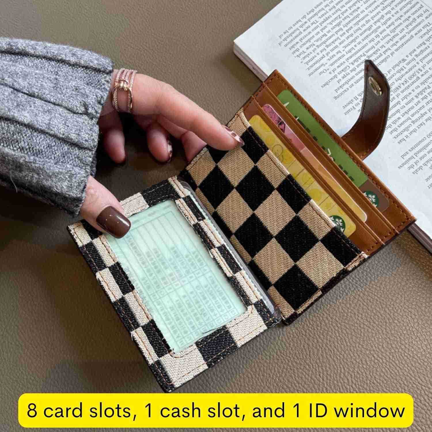 Cute Slim Card Holder Canvas Front Pocket Checkered Wallet Small CARD Case for Women BrownZ250910