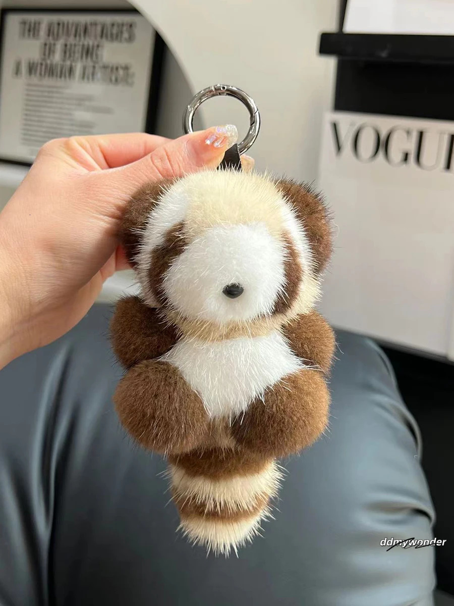Cute Raccoon Real Mink Fur Keychain Plush Toy Trinkets Women Bag Hanging Ornaments Car Key Metal Ring Pendant Kids Classic Gift 250110
