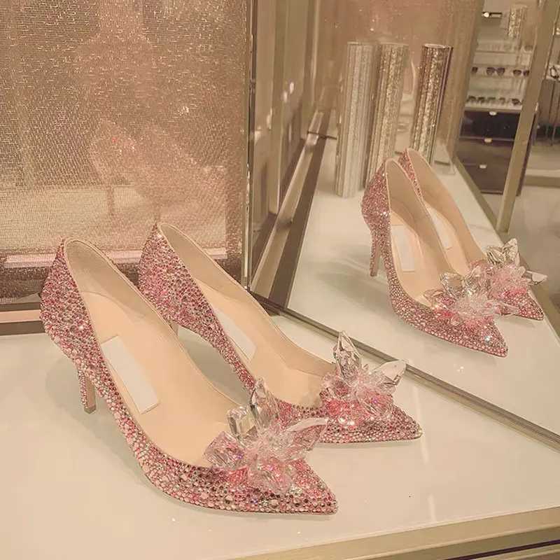 Rhinestone High Heels Women Pumps Newest Cinderella Shoes Pointed toe Woman Crystal Party Wedding Shoes 1cm5cm7cm9cm W250910