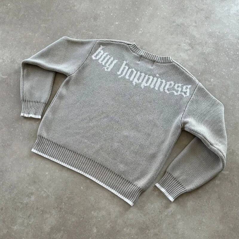 Y2K Grey Long Sleeve Sweater Dollar Gothic Embroidery Pullover Goth Retro Casual Streetwear Old Money Men Boxy Knitted Clothing dongdumaoyi