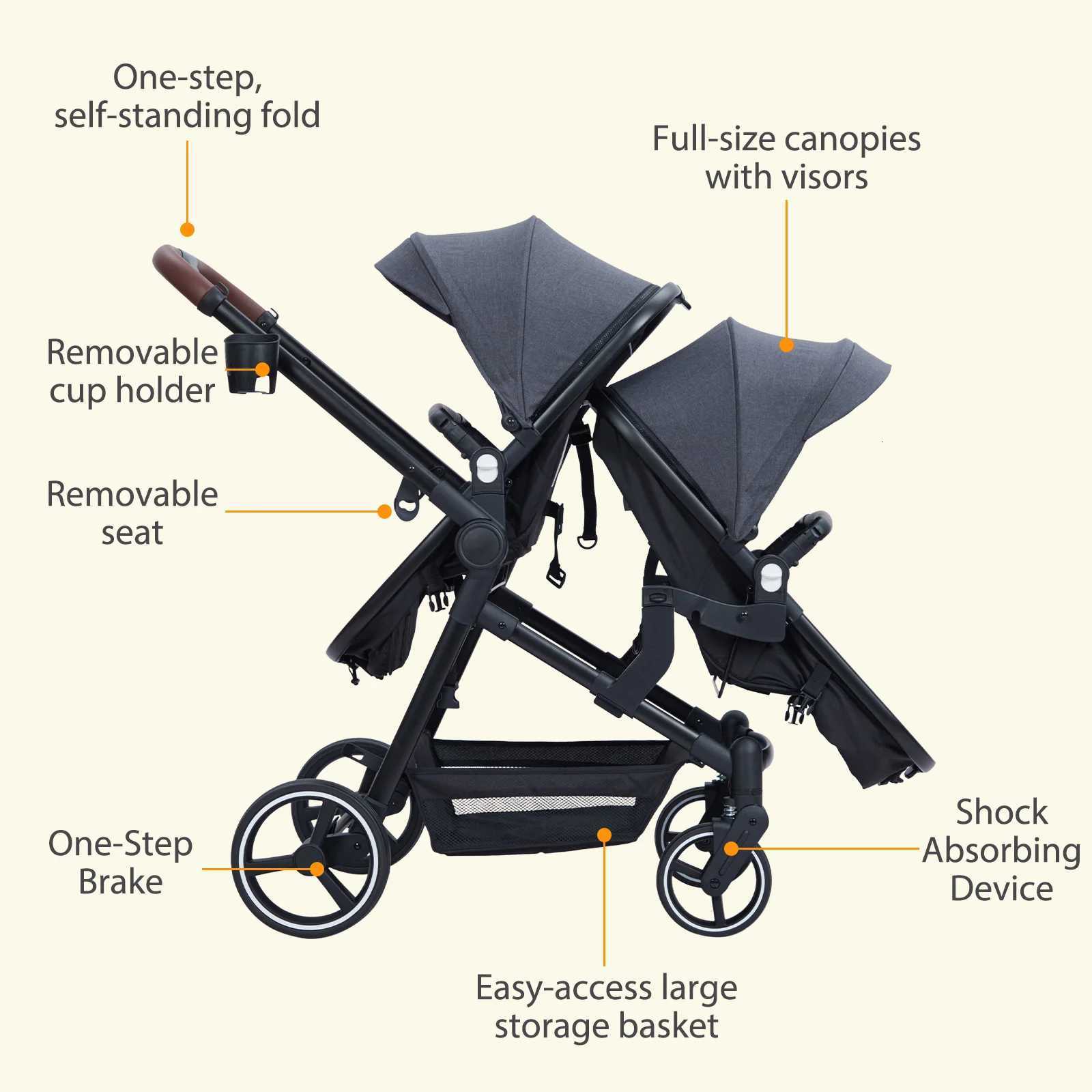 Double Track Tandem Stroller Foldable Bassinet Pram for Infant and Toddler Reversible Pushchair Adjustable Backrest Canopy W250910