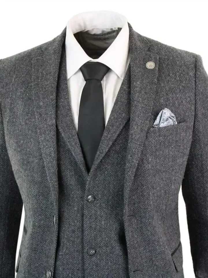3 Piece Gray Wool Tweed Winter Suit for Men Herringbone Slim Fit Formal Groom Tuxedo Wedding Male Suits JacketVestPants W250910