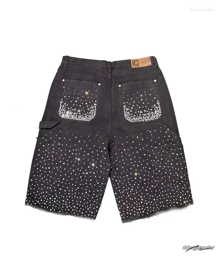 Men's Shorts Streetwear Couple Vintage Rhinestone Sequined Denim Cowboy Hip Hop Loose Sport Casual