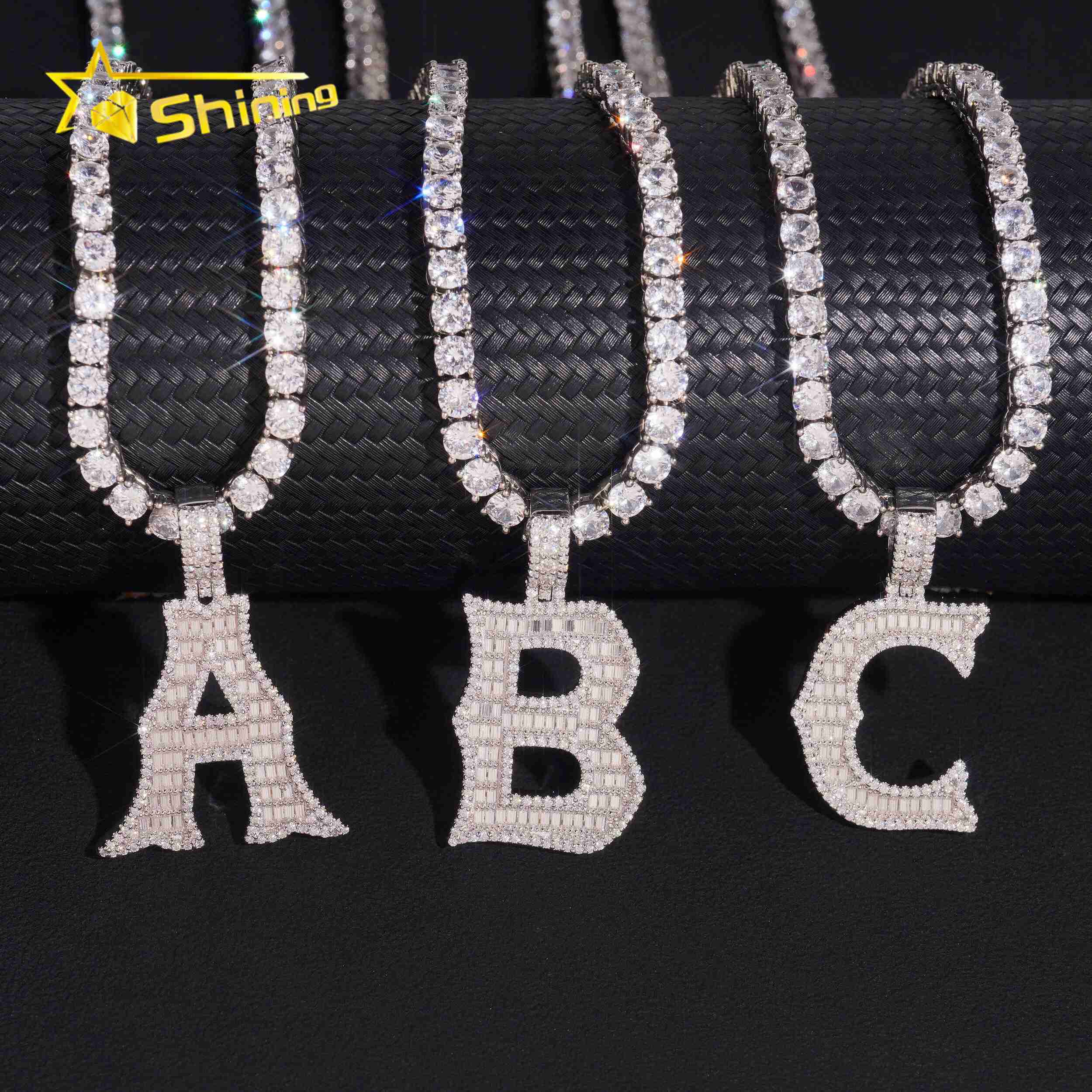 Pass Diamond Tester Baguette 925 Silver Hip Hop Bling Iced Out Moissanite A B C Letter Pendant