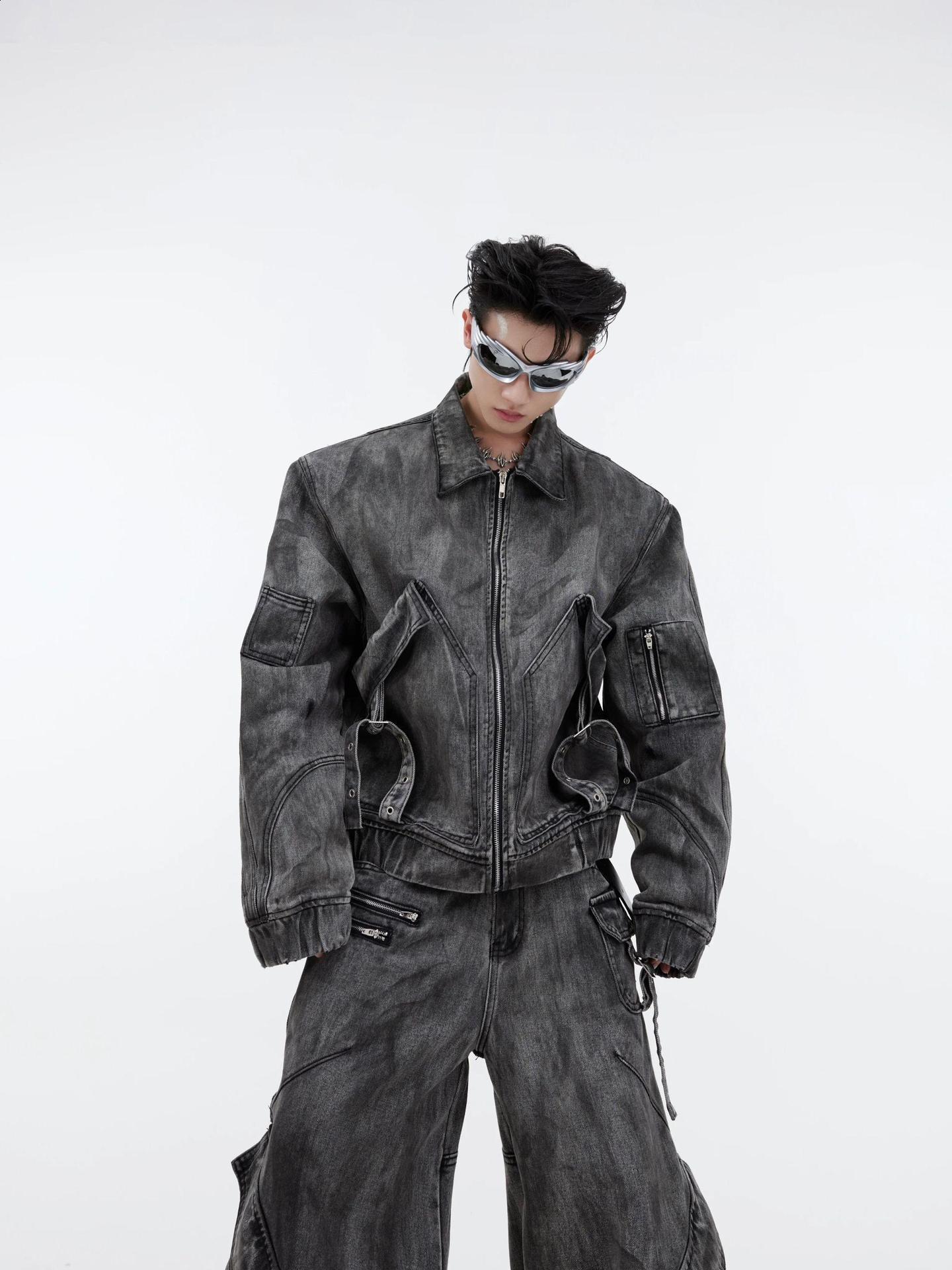 NOYMEI fashion mens denim two-piece set solid color autumn winter black cargo wide leg jeans short jacket WA3035 241030