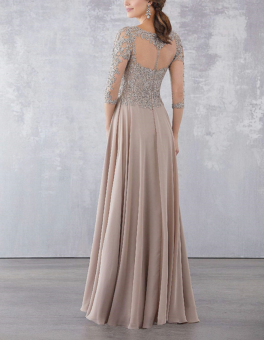 Purple Lace Applique Beaded Mother of the Bride Dresses Elegant Three Quarter Sleeve Long Chiffon Evening Formal Mother Dress