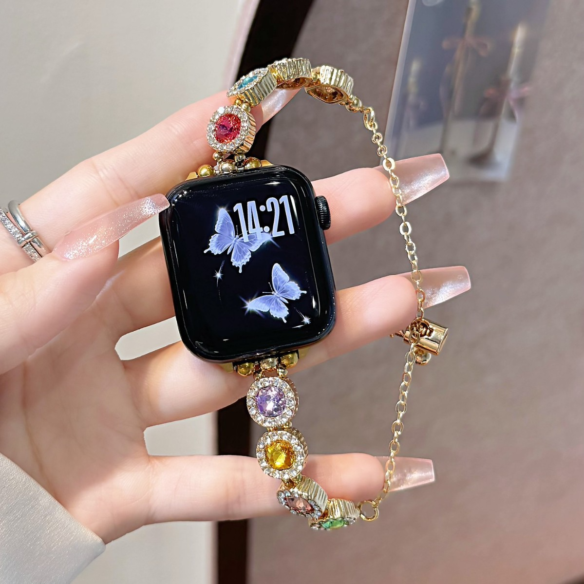 2025 Color Diamond Metal Chain Advanced Suitable for Apple Watch Strap Fashion 38mm 40mm 41mm 42mm 44mm 45mm iWatc Series Luxury Designer Golden Diamo