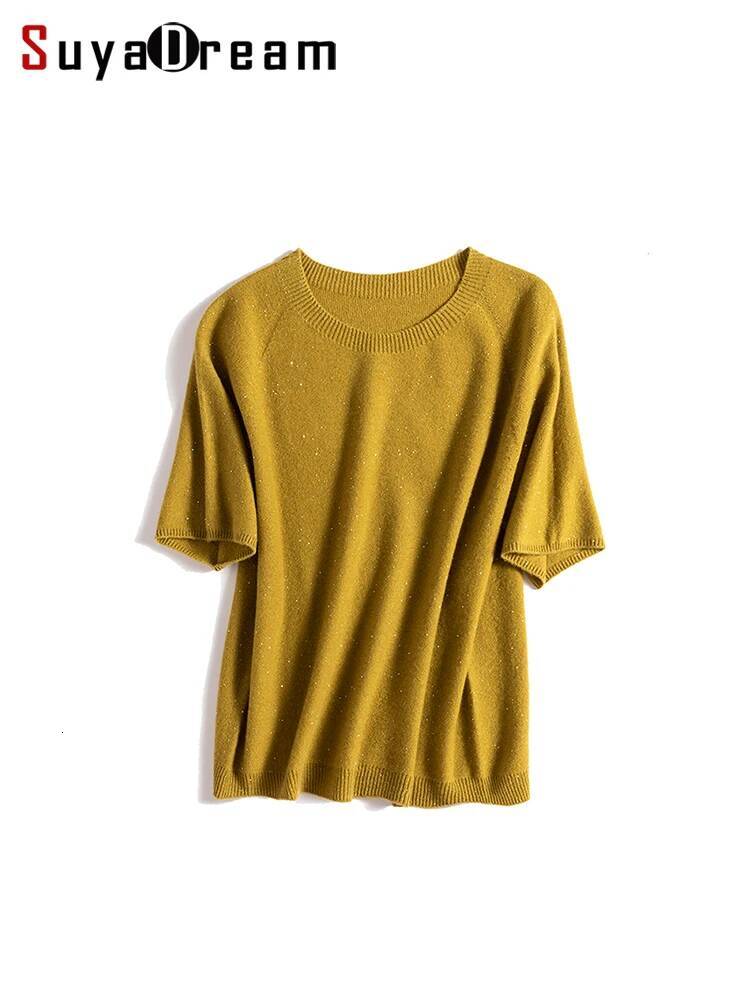 SuyaDream, 100%Merino Wool Pullovers for Woman, Round Neck, Short Sleeved Sweaters, 2025 Fall Winter Soft Warm Top, Pink, Olive dongdumaoyi