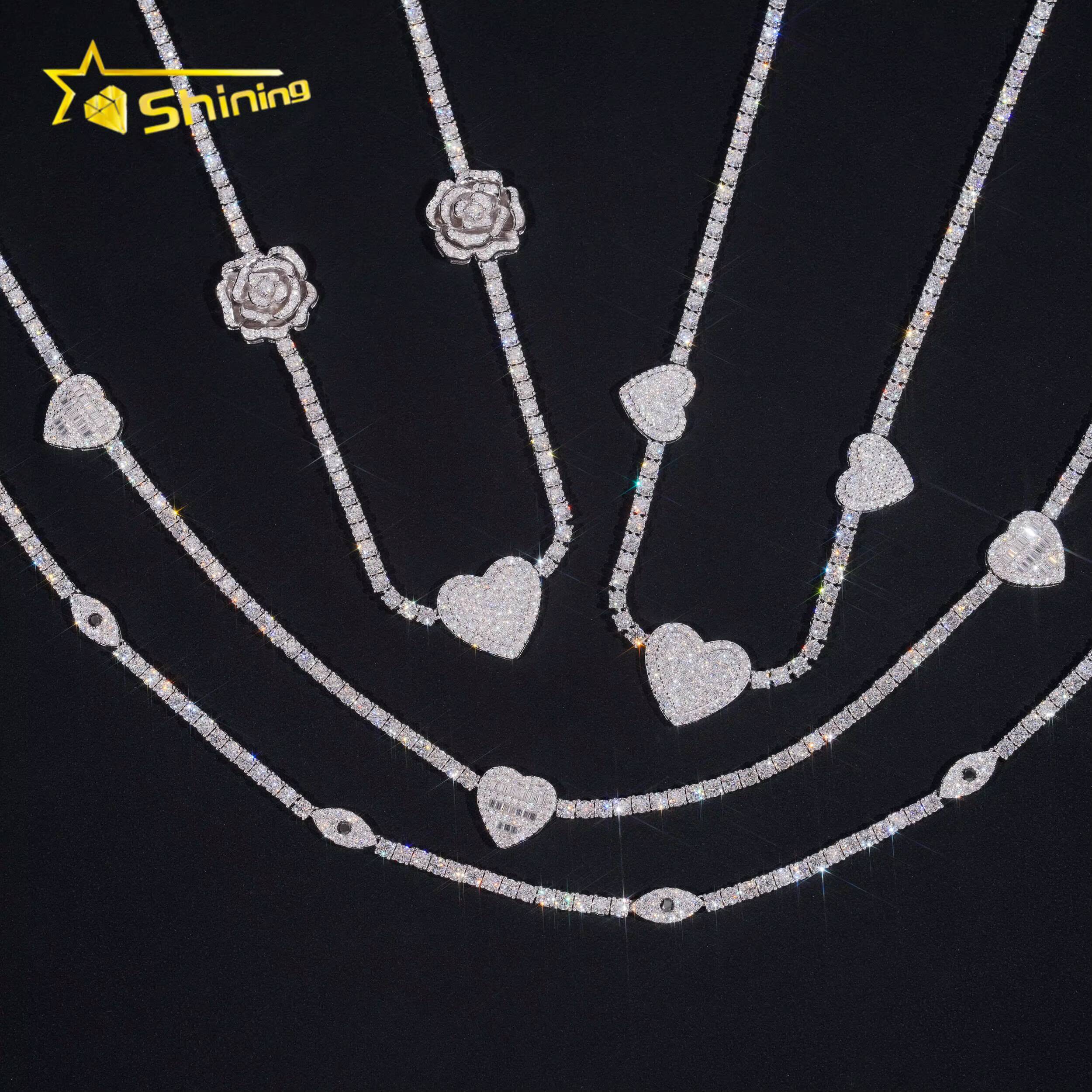 Iced Out Bling Vvs1 D Color Moissanite Diamond Tennis Chain Necklace With Heart Rose Eye Charms