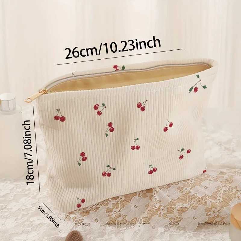 Fashion Cherry Printed Corduroy Makeup Bag Large Capacity Lightweight Zipper Makeup Storage Box Multifunctional Bag with LiningXJ250910