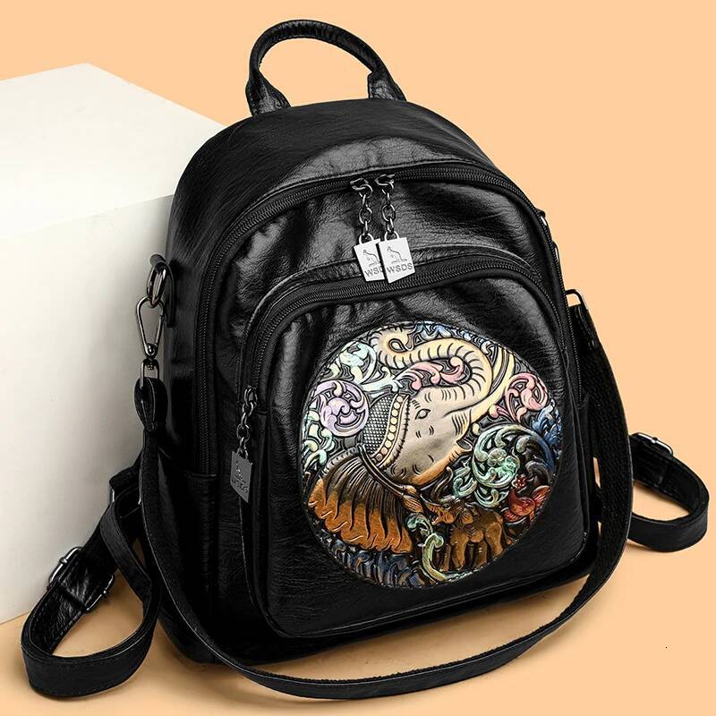Elephant Print Design Backpacks High Quality Leather Solid Color Backpack Luxurious Women's Brand Travel Mochilas Sac A Dos high-quality