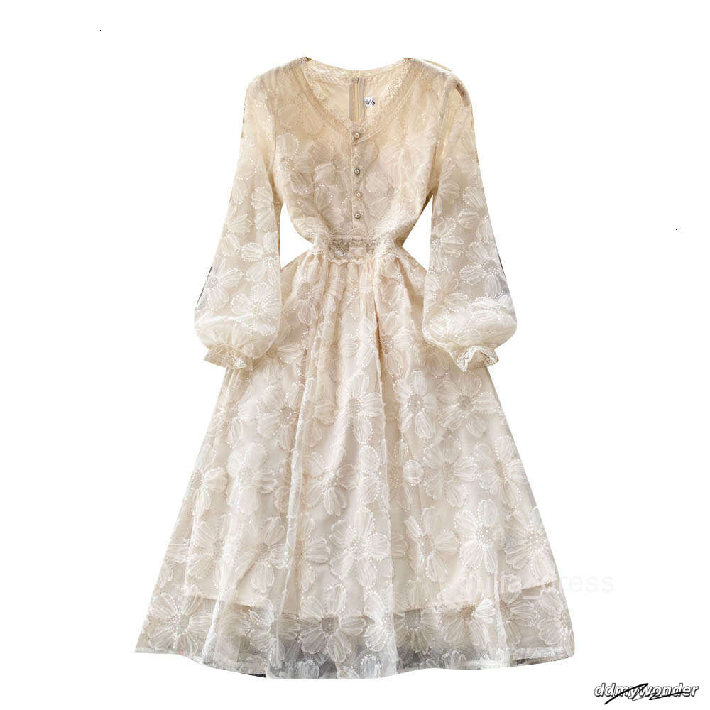 Gentle And Feminine Slim Waist Knee Length Long Sleeve First Love A-Line Skirt Elegant Temperament V-Neck Lace Dress ddmywonder ddmywonder ddmywonder 