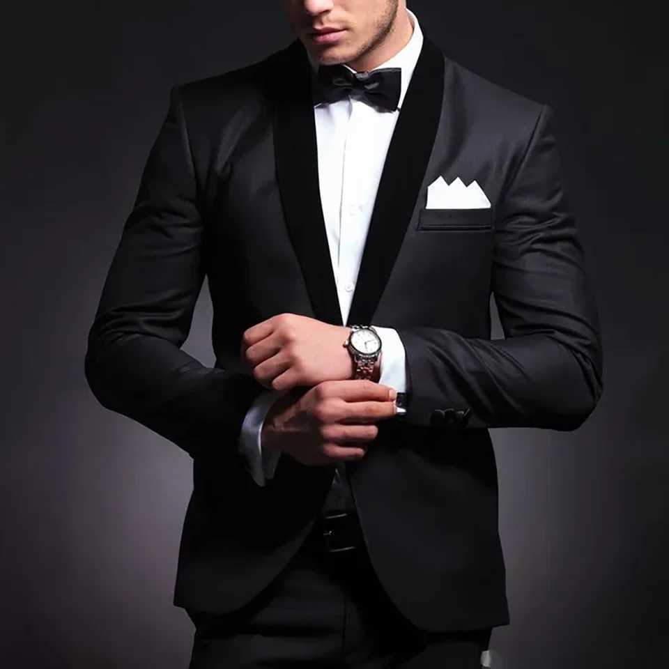 Black Men Suits Wedding Tuxedos One Button Skinny Male Clothing Velvet Shawl Lapel 2 Piece Jakcet Pants Slim Fit Male Clothing W250910