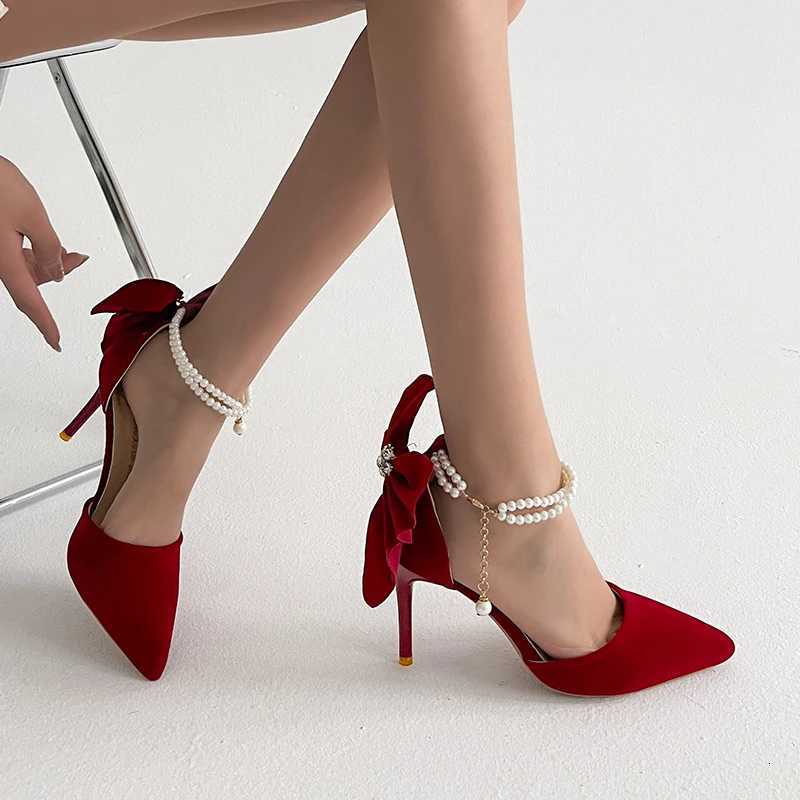 Red wedding shoes new pointy stiletto high heels female shallow mouth bow pearl one word buckle strap two wear bride shoes W250910