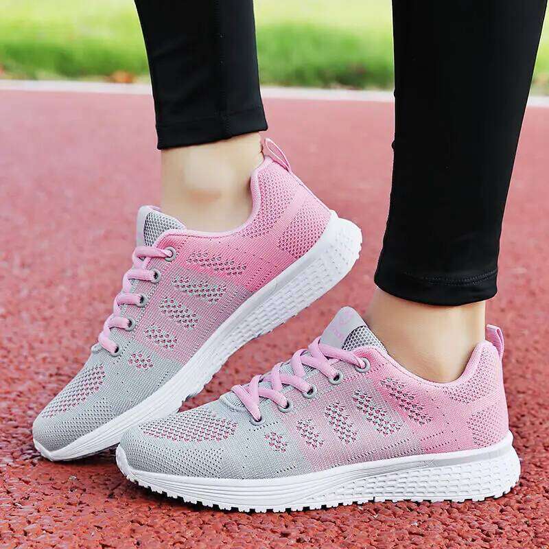 Women Casual Shoes Breathable Walking Mesh Lace Up Flat Shoes black Non slip fashion Sneakers