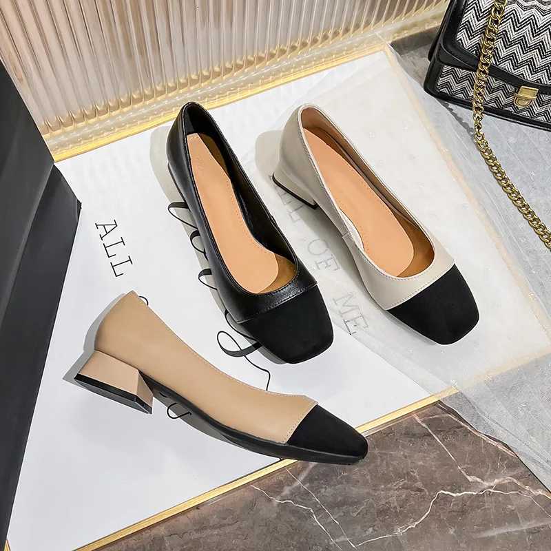 spring autumn genuine leather pumps women black white mixed color thick heel work shoes cowhide escarpin femmes big size 4143 W250910