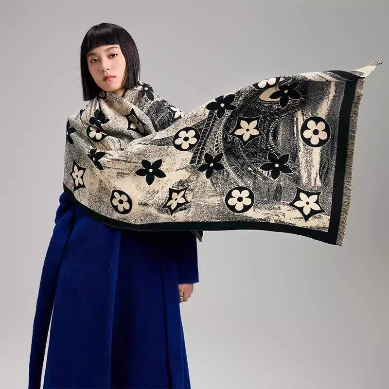 Autumn and Winter New Faux Cashmere Paris Eiffel Tower Vintage Pentagram Print Double-sided Warm Scarf Shawl
