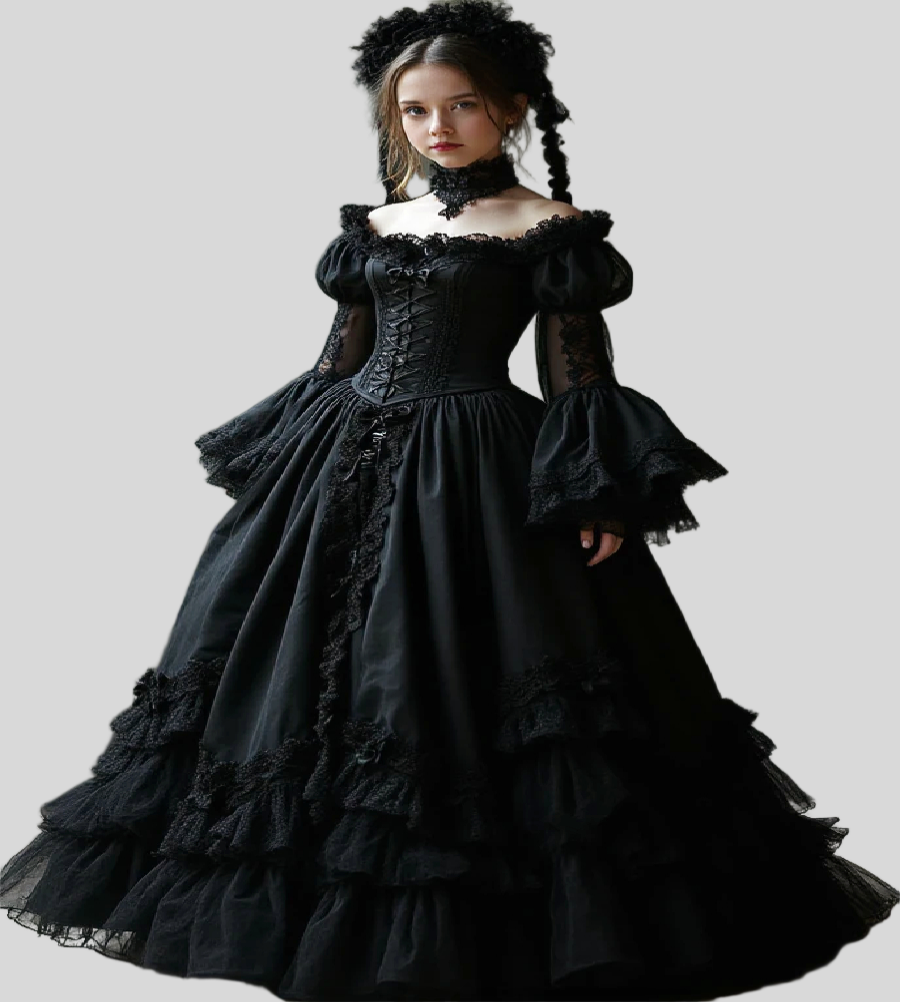 Medieval Style Black Gothic Evening Dress With Long Sleeve Elegant Viking Age Belle Victorian Prom Dress Lace Formal Birthday Occasion Costume Hallowe
