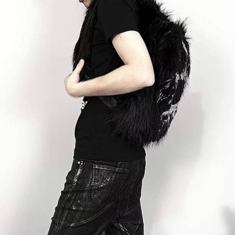 Vintage Print Fluffy Backpack Personality Y2k Aesthetic Fashion Schoolbags Women Casual Haruku Streetwear All Match Backpacks high-quality
