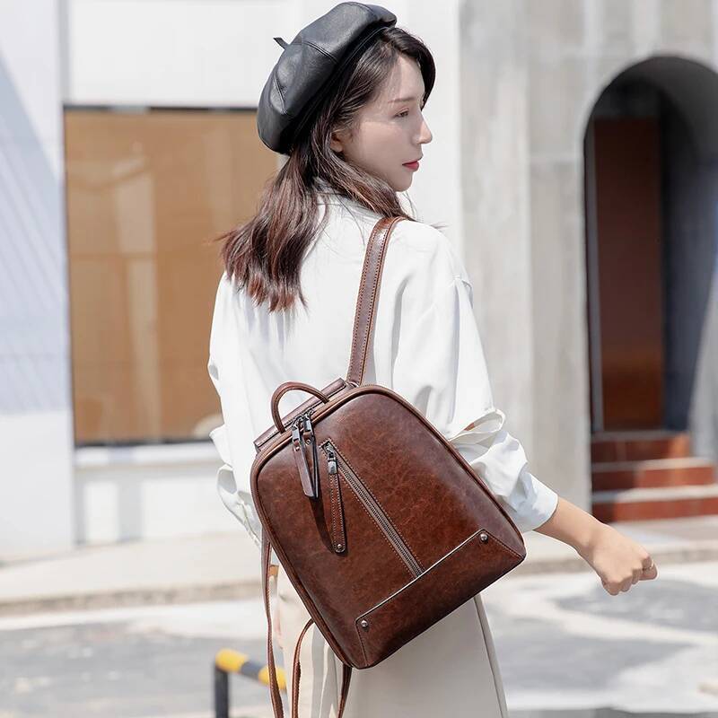 Ladies Backpacks Vintage Back Bag Genuine Cowhide Leather Backpack Korean Stylish Women Bagpacks Urban Bags Aesthetic Fashion high-quality