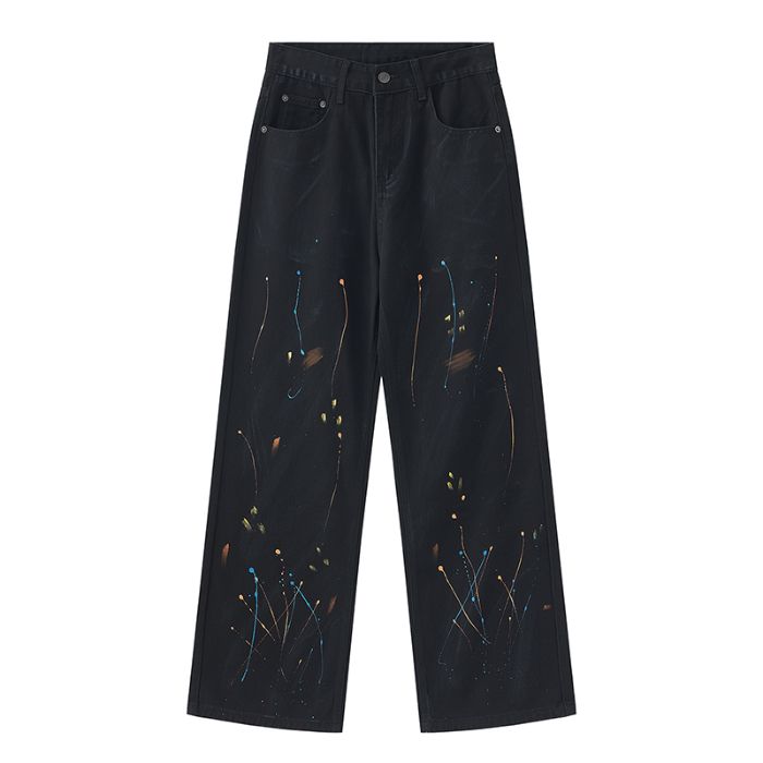 Men's Jeans Unisex Autumn American High-Street Trendy Brand Splatter-Print Wide-Leg Straight-Leg Floor-Grazing Jeans - Edgy Cool Loose Fit