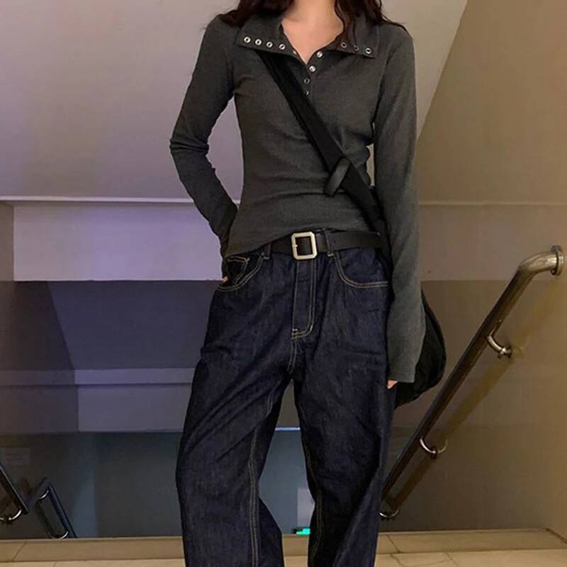 Fall Winter Long Sleeve Knit Pullovers Woman Y2K High Street Button Up Sweaters for Women Vintage Gray Ribbed Bottoming Tops dongdumaoyi