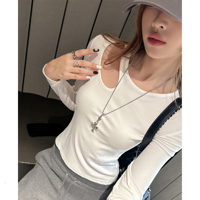 2025 early autumn new regular shoulder long sleeved women's basic design shirt for wearing inside and outside, sexy hollow out high-end slim fit 