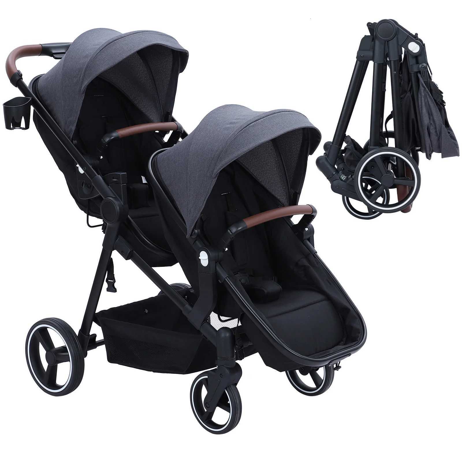 Double Track Tandem Stroller Foldable Bassinet Pram for Infant and Toddler Reversible Pushchair Adjustable Backrest Canopy W250910
