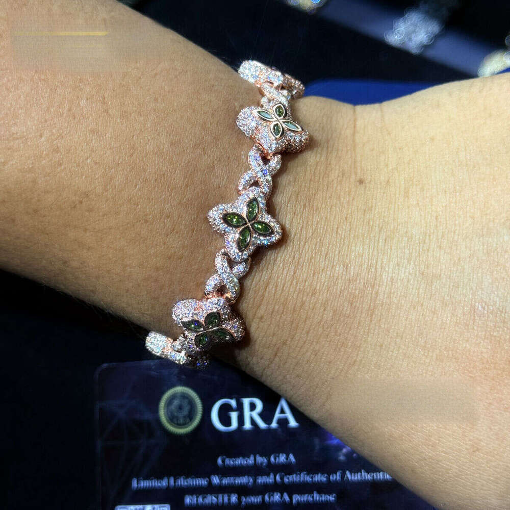 New Arrivals Fashion Jewelry Sterling Sier Vvs Pink Color Moissanite Dia Four Leaf Clover Cuban Link Tennis Bracelet
