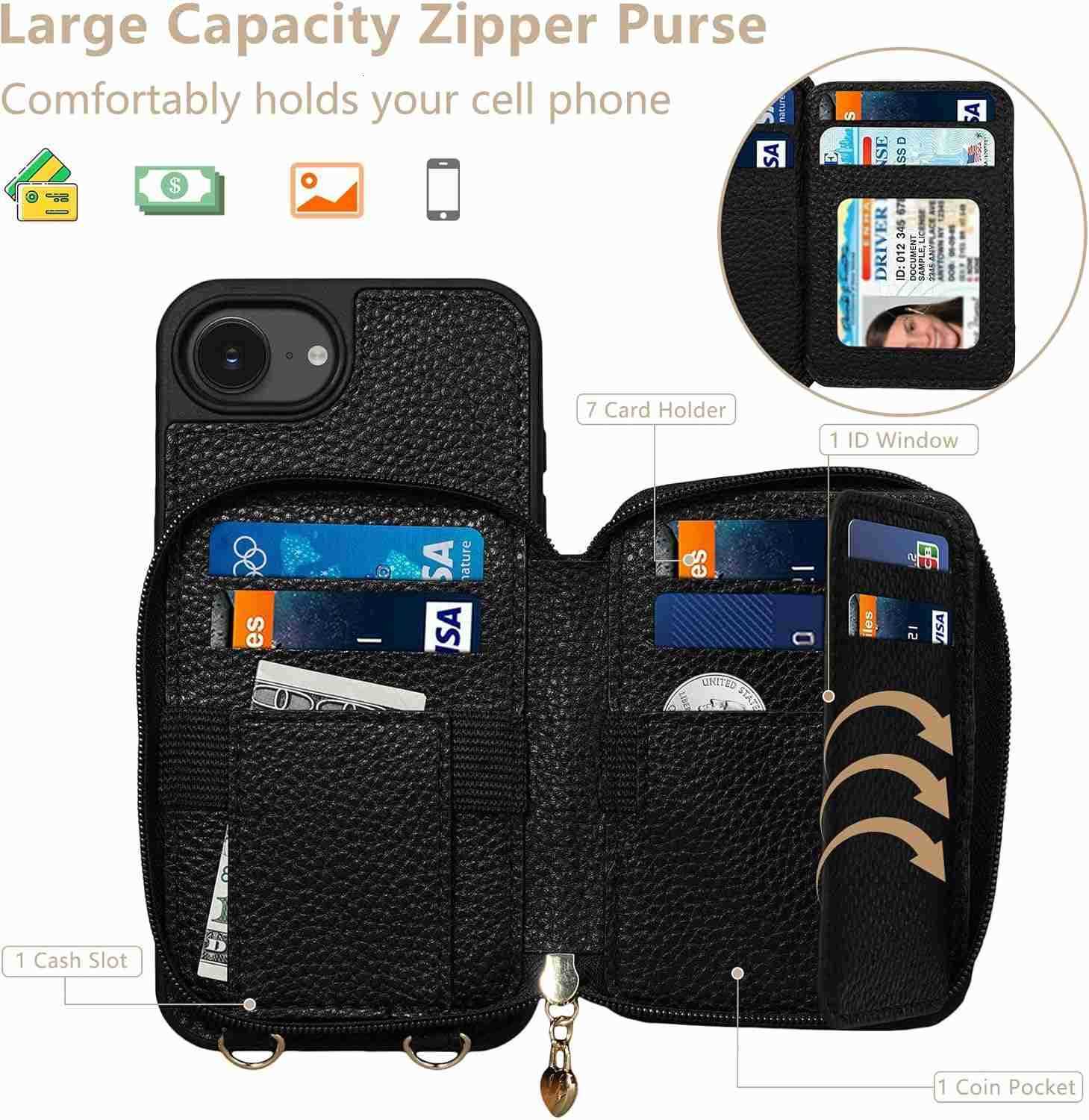 Case for iPhone 16e 2025 61 Case Wallet Crossbody Zipper with RFID Blocking Card Slots KickstandHandbag Zipper Flip Cover with Wrist Strap for iPhone 