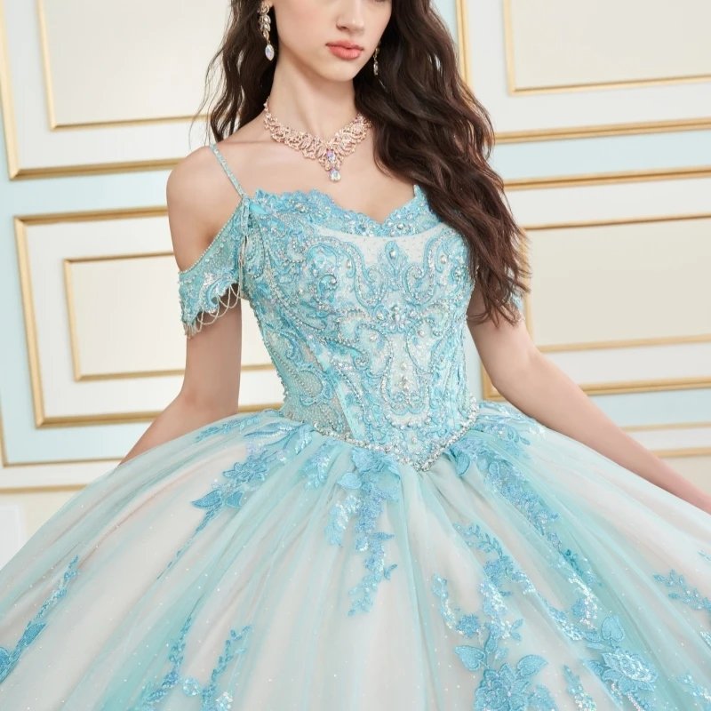 Light Blue Shiny Quinceanera Dresses Ball Gown Off The Shoulder Applique Lace Beading Crystal Tull Sweet 16 Dress Vestidos 15 De Anos