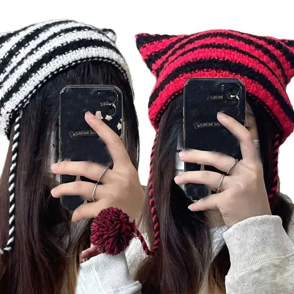Gift Y2K Knitting Striped Beanie Hat Cute Wool Hanging Ball Knitted Beanie Hat Cat Ears Pointed Pulr Hats WomenXJ250910