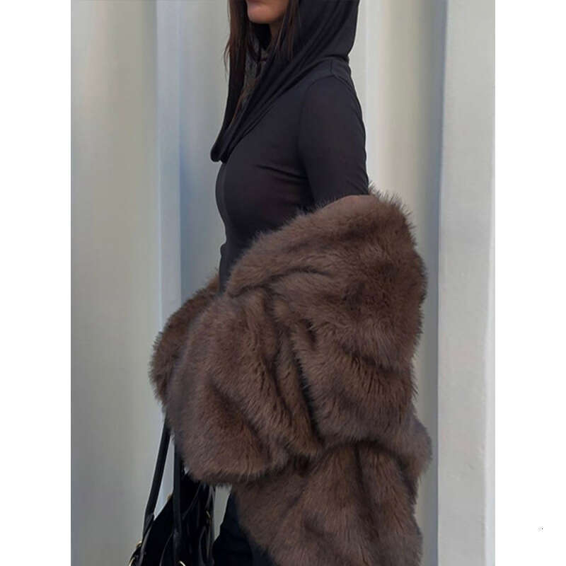 Real Shot - Turn-Down Collar Plush Faux Fur European and American Cross-Border Autumn Winter Fashion Comfortable Casual Warm Coat Top