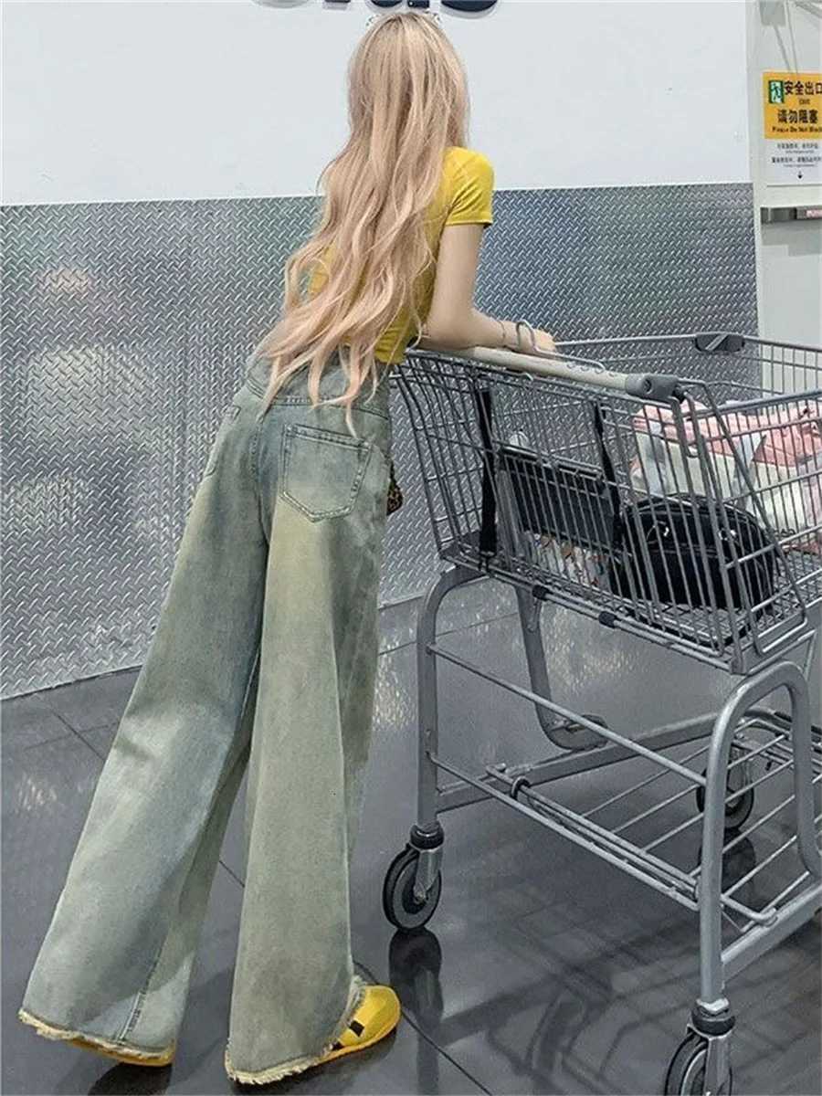 Botvotee Womens Vintage Washed Wide Leg Jeans High Waist Distressed Denim Pants Raw Hem Straight Loose Fit Long Trousers Z250910