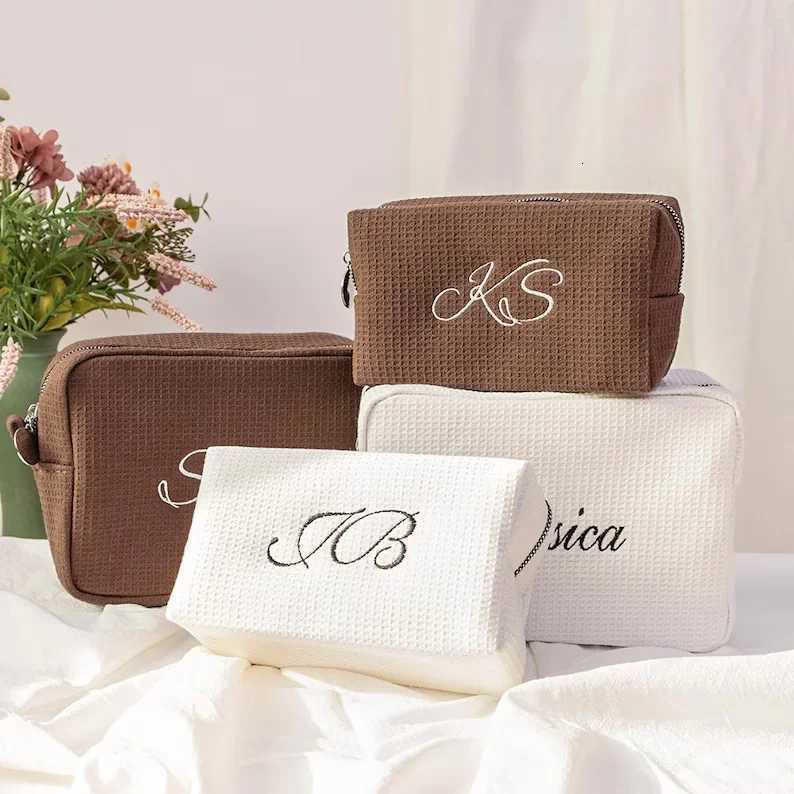 Embroidered Personalized Waffle Cosmetic Bag Custom Name Toiletry Bag Initials Makeup Bag EcoFriendly Monogram Makeup BagXJ250910