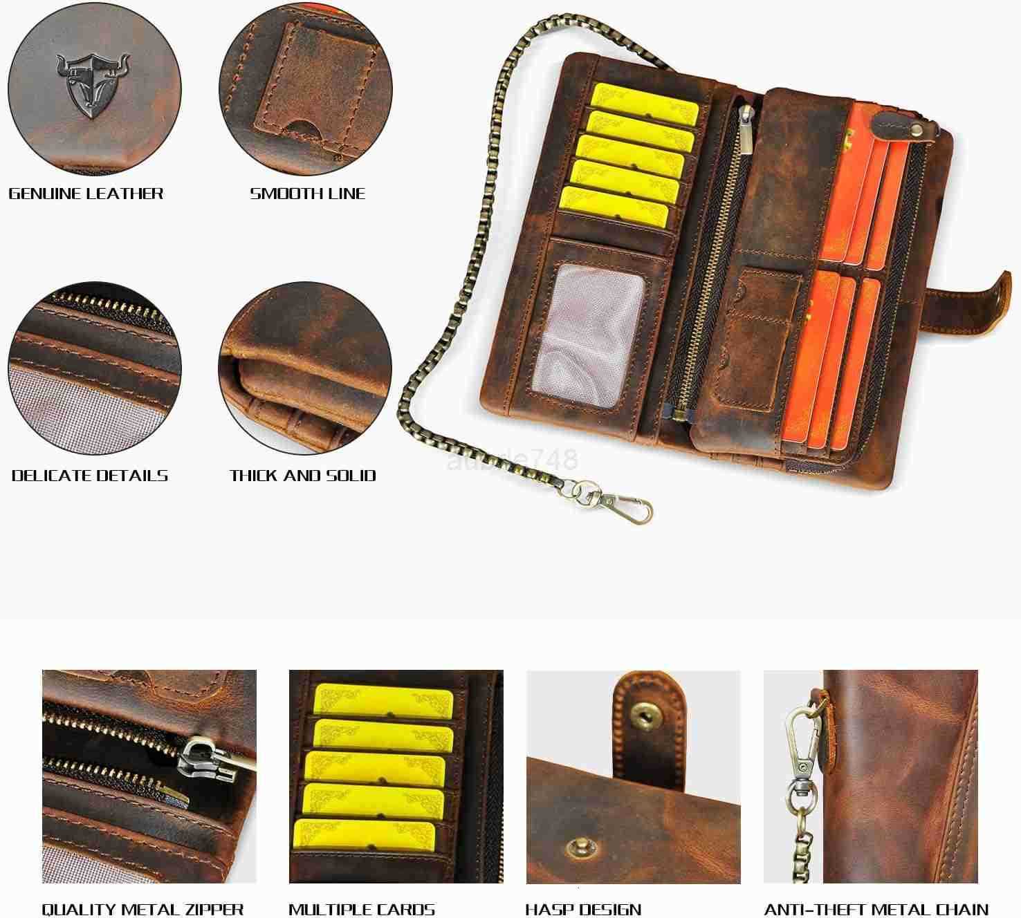 Genuine Crazy Horse Leather Travel Gift Coin Pocket Card Case Long Organizer Chain Rfid Wallet Purse With Snap For Men Male 1803 1803 BrownZ250910