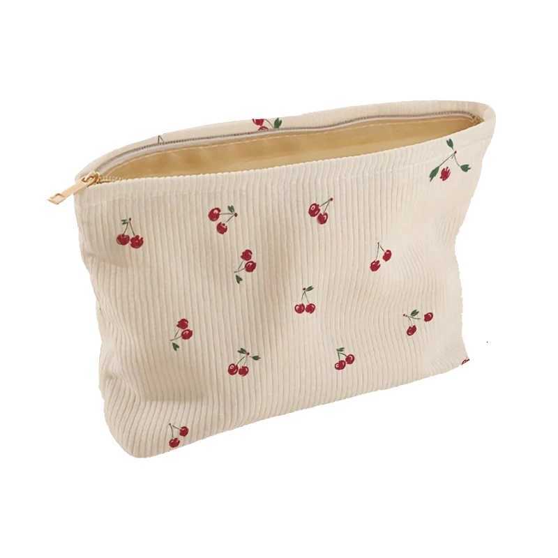 Fashion Cherry Printed Corduroy Makeup Bag Large Capacity Lightweight Zipper Makeup Storage Box Multifunctional Bag with LiningXJ250910