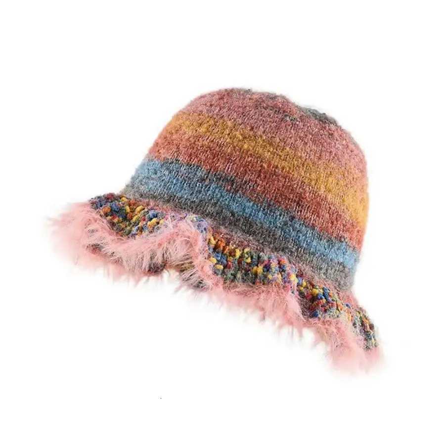 Ins Color Gradual Change Striped Wool Hat Autumn Winter Cute Handmade Plush Hat Big Head Circumference Knitted Bucket HatXJ250910