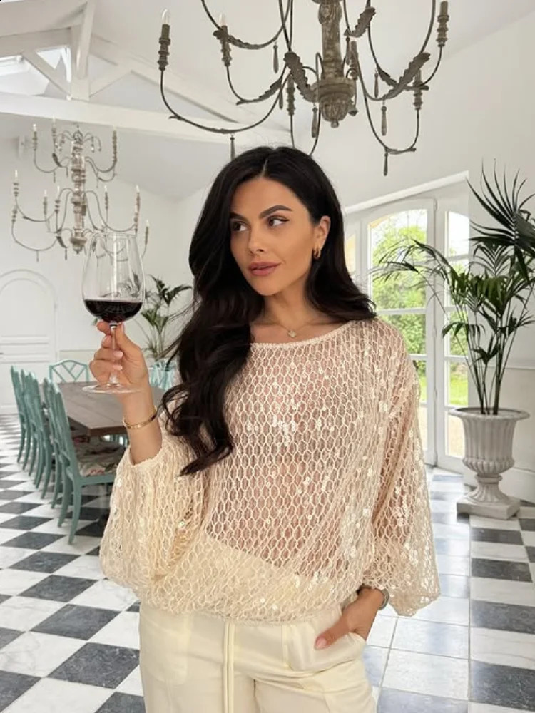 2025 Sexy Knit Sequined Women Sweater Hollow Out Oneck Long Lantern Sleeve Female Pullover Summer Elegant Lady Knitwear 250910