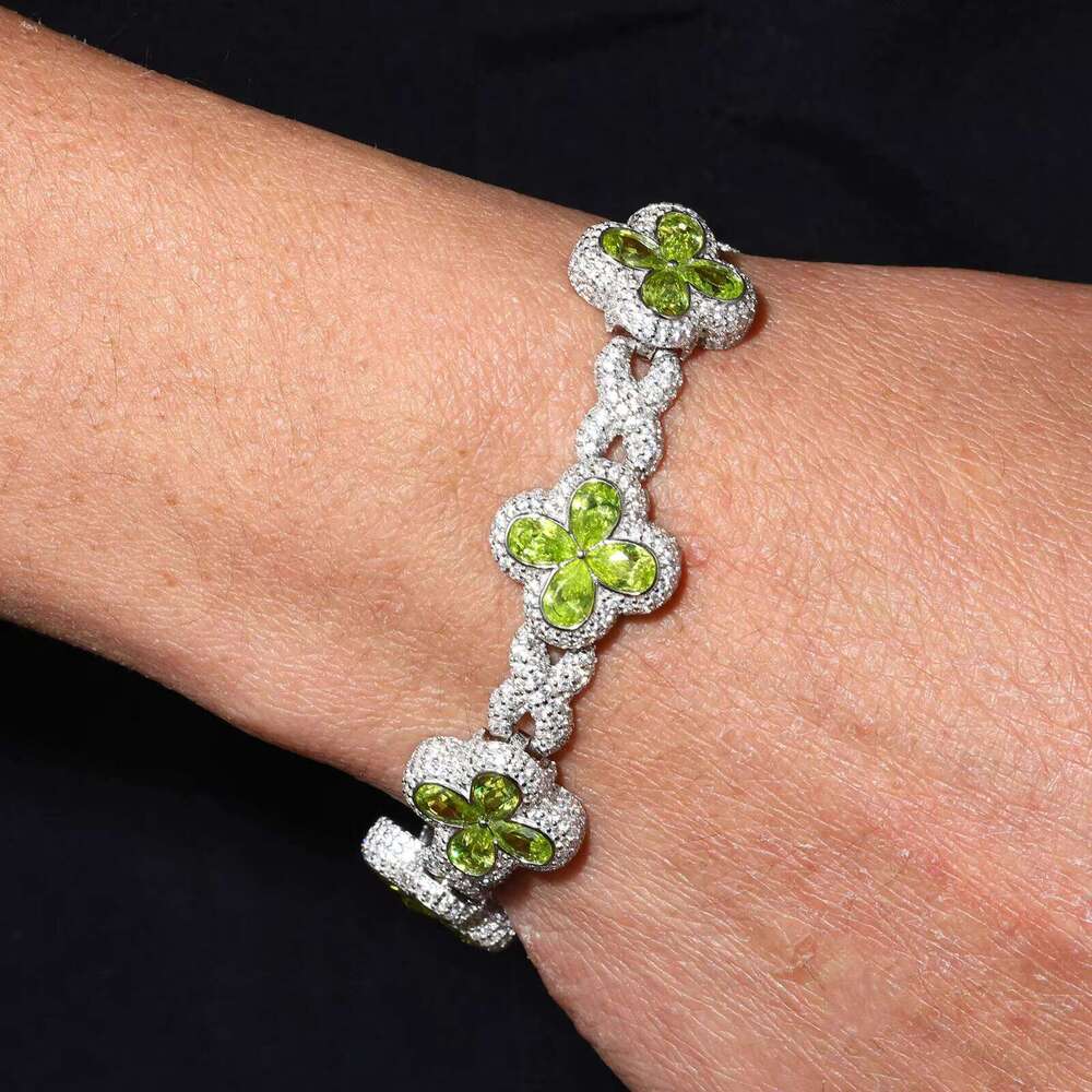 Fashion Mens Jewelry 17mm Sterling Sier VVS Moissanite Dia Colorful Iced Out Four Leaf Clover Infinity Link Bracelet