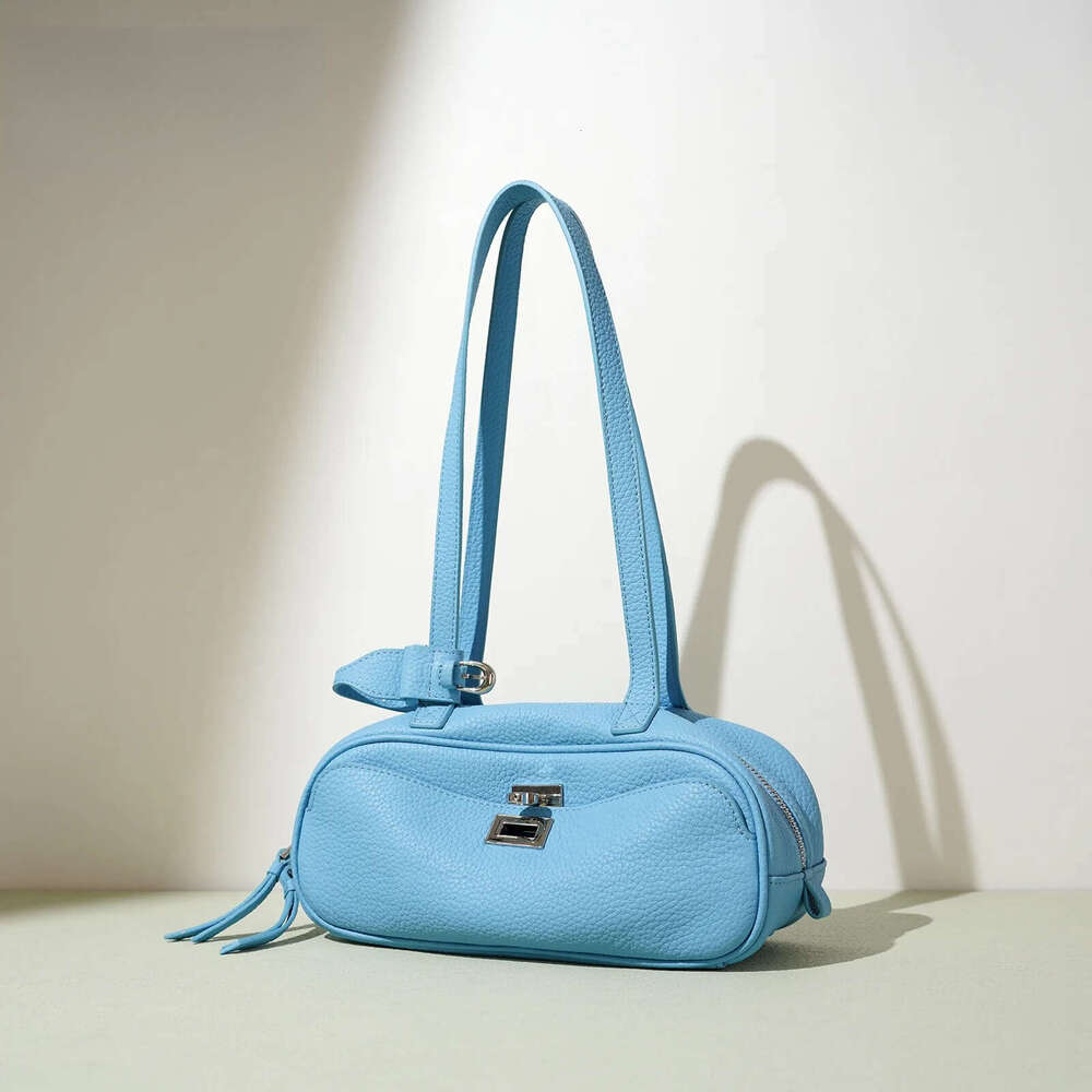 2025 Summer All-Match Ice Blue Pink Color Head Layer Cowhide Leather Long-Handle Tote Soft Calfskin Women's Armpit Shoulder Bag