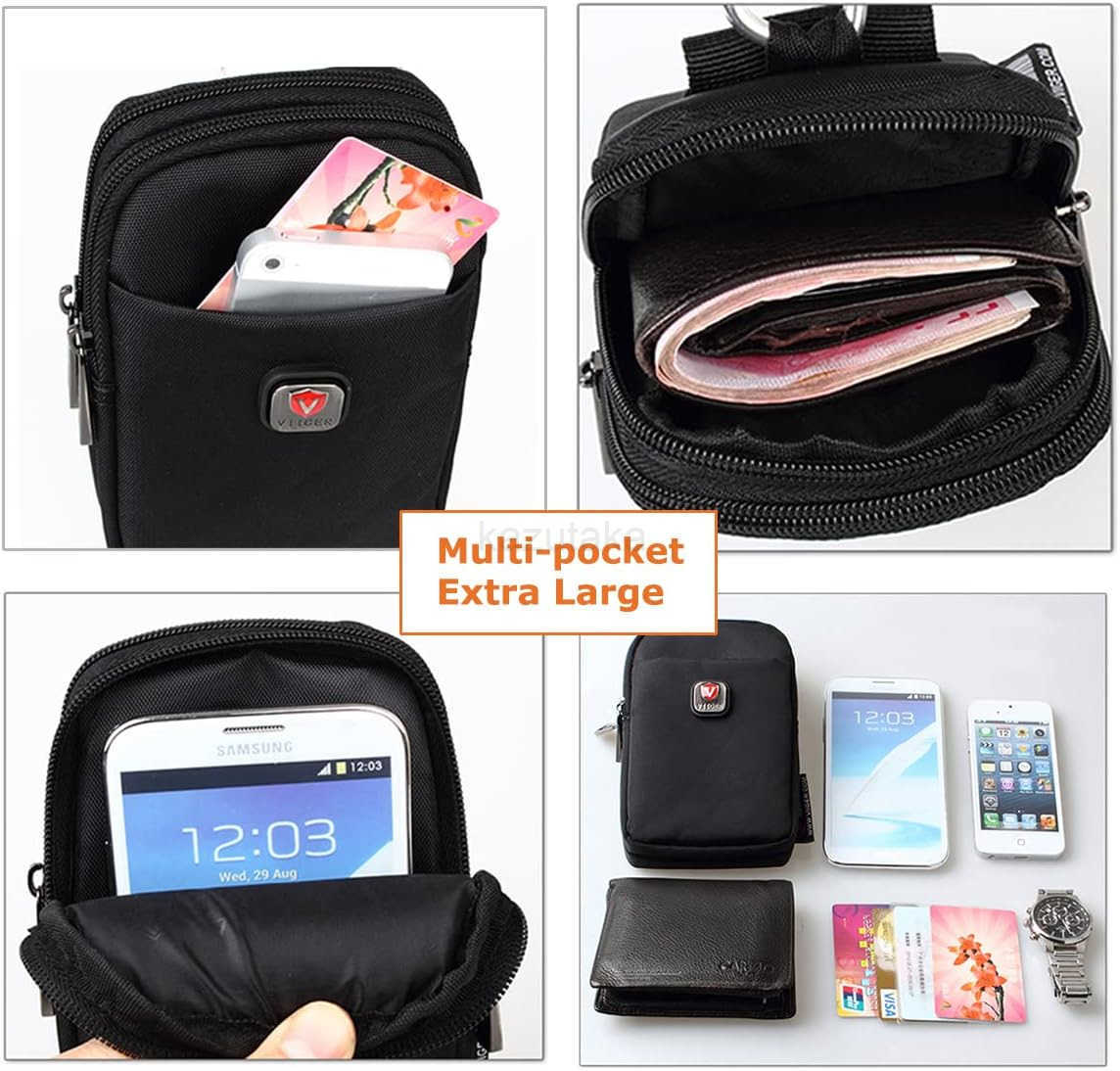 Versatile Nylon Dual Phone Holster Cellphone Belt Case Holder Mens Belt Pouch wClip Smartphone Belt Loop Pouch Bag 2 Zipper Pockets Compatible with iP