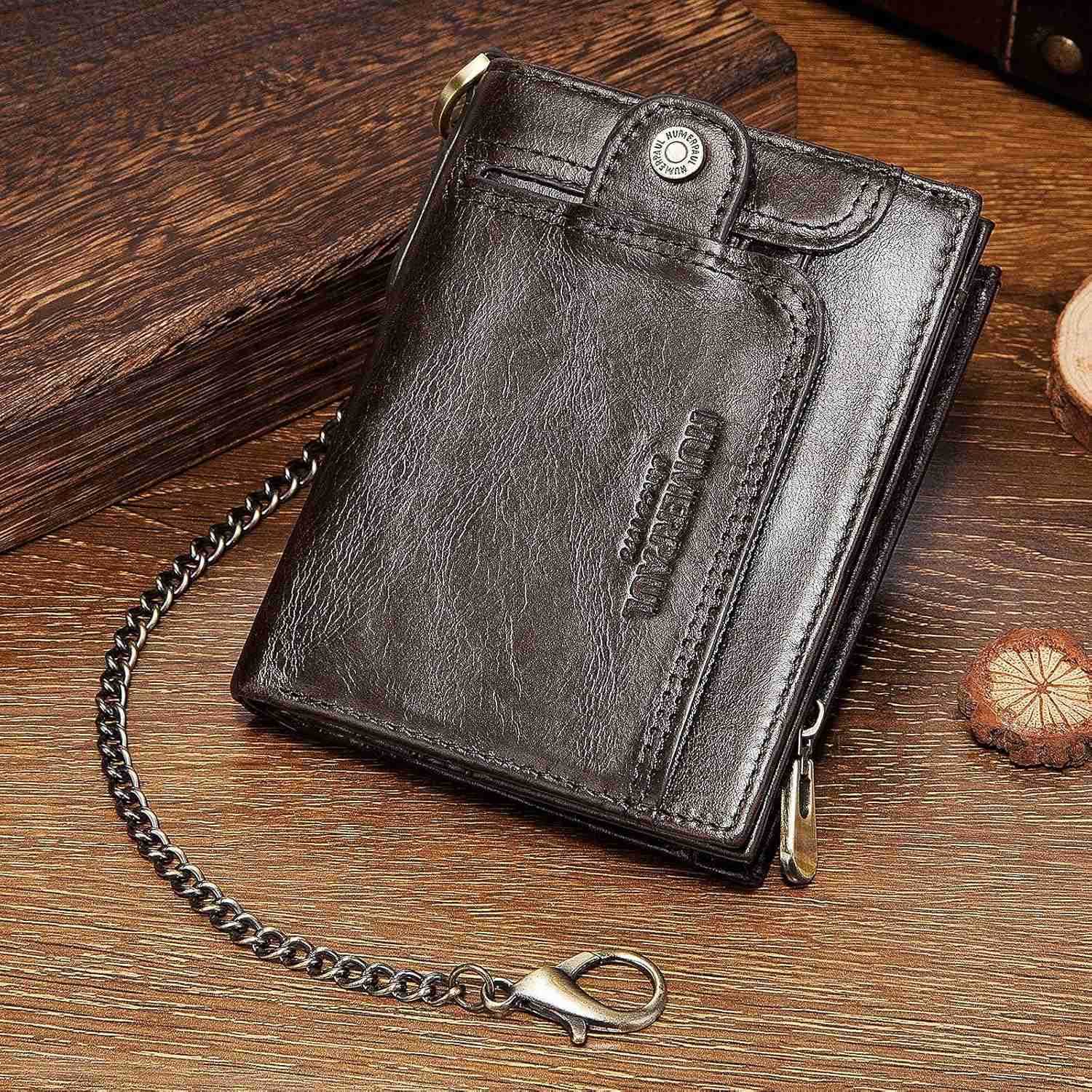 Chain Wallet for Men Genuine Leather Bifold Wallets Rfid Blocking Men Purse with Zipper Coin Pocket CoffeeZ250910