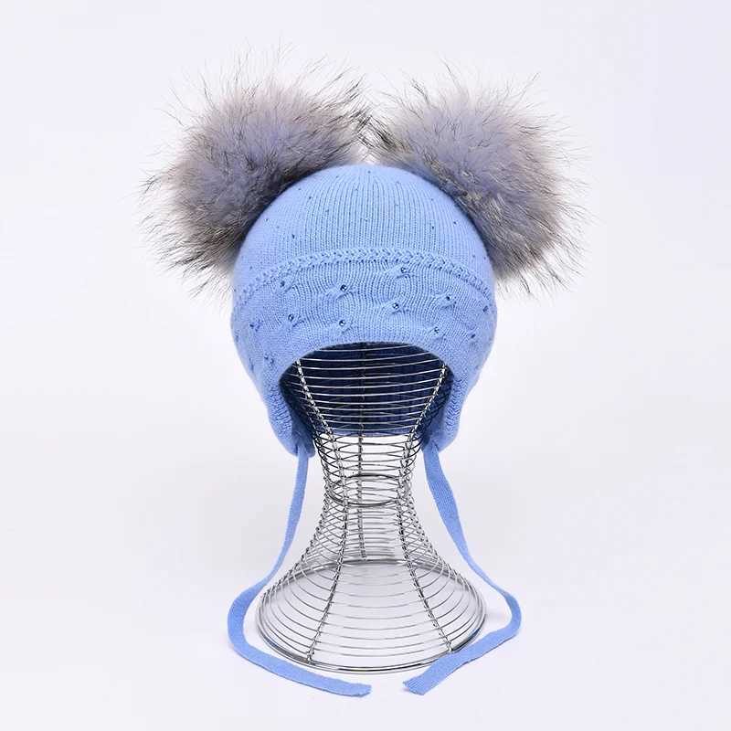 Jxer Baby Wool Hat Winter Cute Double Real Fur Pom Earfl Beanie Fluffy Warm Childrens Wool Hats with RhinestoneXJ250910