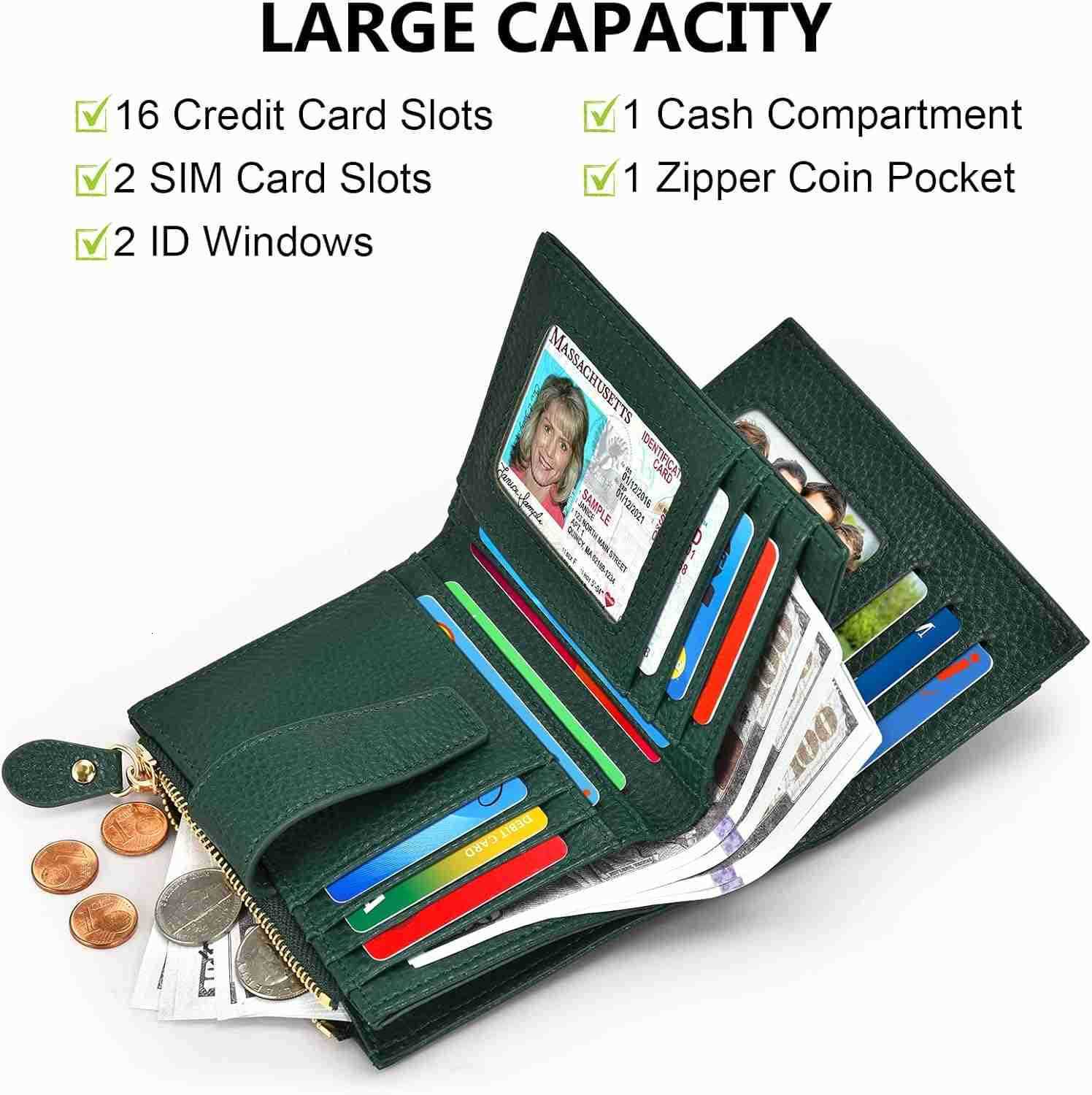 Small Wallet Women RFID Blocking Bifold Compact CARD Holder Leather Wallets for Women with Zipper Coin Pocket and 2 ID Window Deep GreenZ250910