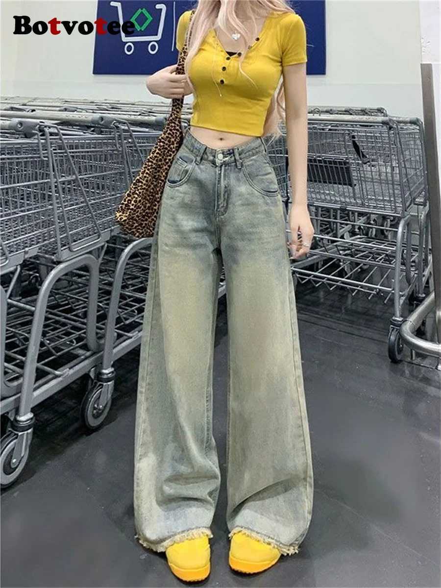 Botvotee Womens Vintage Washed Wide Leg Jeans High Waist Distressed Denim Pants Raw Hem Straight Loose Fit Long Trousers Z250910
