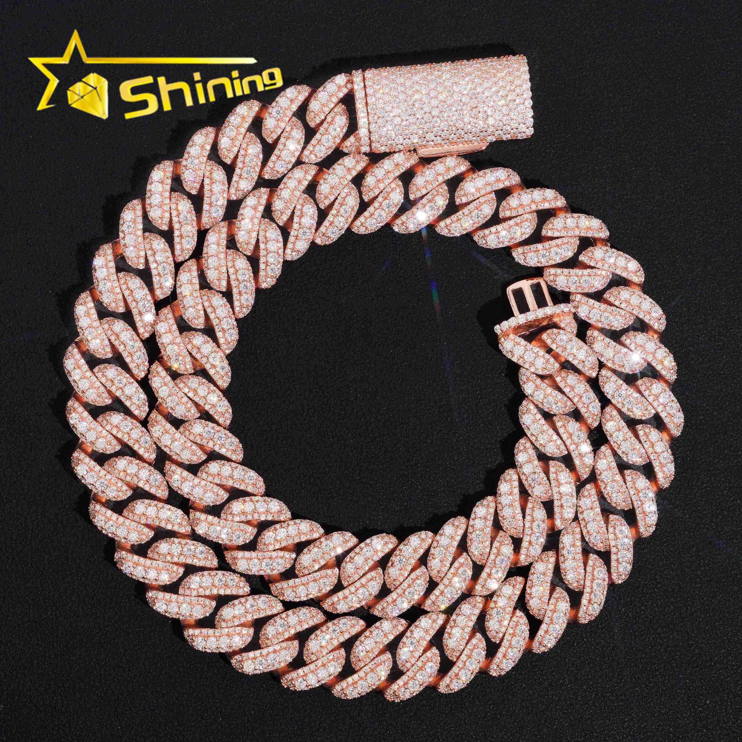 Hot Selling 15mm Width Moon Shape 925 Silver Cuban Chain Moissanite Hip Hop Jewelry Custom Moissanite Cuban Link for Men